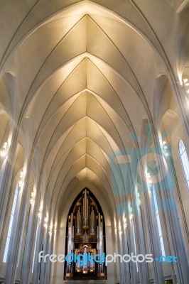 Interior View Of The Hallgrimskirkja Church In Reykjavik Stock Photo