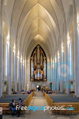 Interior View Of The Hallgrimskirkja Church In Reykjavik Stock Photo