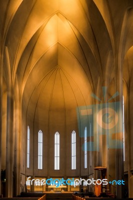 Interior View Of The Hallgrimskirkja Church In Reykjavik Stock Photo