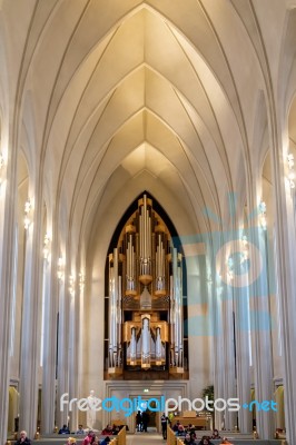 Interior View Of The Hallgrimskirkja Church In Reykjavik Stock Photo