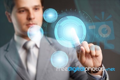 Internet. Business. Technology Concept. Businessman Presses A Button On The Virtual Screen Tablet Future Date Stock Photo