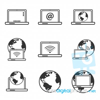 Internet Icons, Laptop And Earth Globe Icon Stock Image