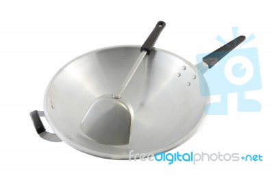 Iron Round Chrome Asian Pan And Spade On White Background Stock Photo