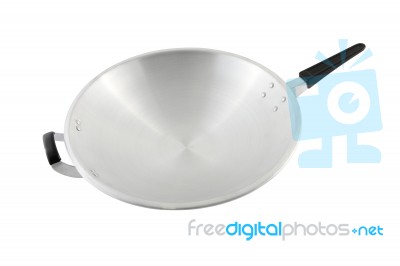 Iron Round Chrome Asian Pan On White Background Stock Photo