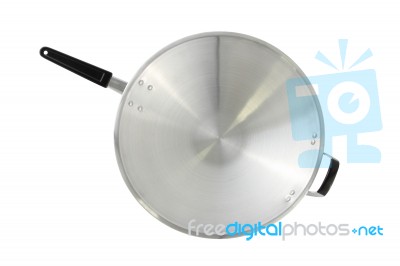 Iron Round Chrome Asian Pan On White Background Stock Photo