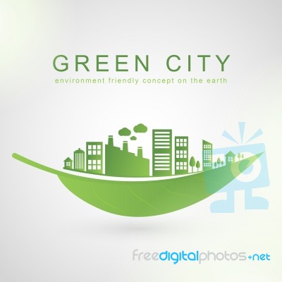 Isolated City Buildings On Green Leaf Design Stock Image