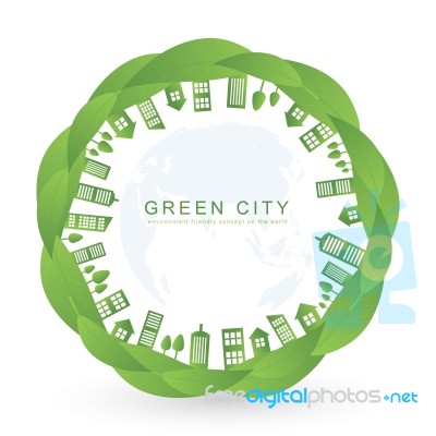 Isolated City Buildings On Green Leaf Design Stock Image