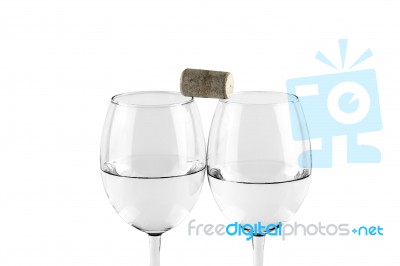 Isolated Glasses With Water And Wine Cork Stock Photo