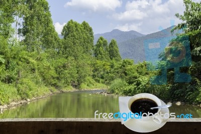 Isolated Hot Coffee Put A Glass Of White With A Casual Break From Work  Background Waterfall With Clipping Path Stock Photo