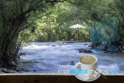 Isolated Hot Coffee Put A Glass Of White With A Casual Break From Work  Background Waterfall With Clipping Path Stock Photo