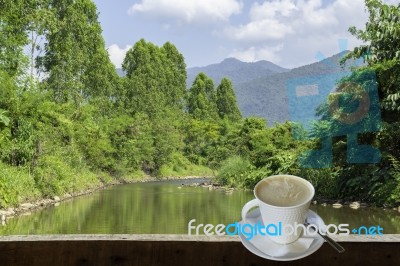 Isolated Hot Coffee Put A Glass Of White With A Casual Break From Work  Background Waterfall With Clipping Path Stock Photo