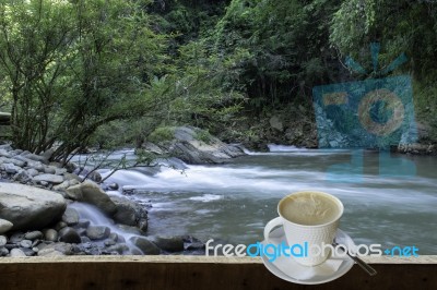 Isolated Hot Coffee Put A Glass Of White With A Casual Break From Work  Background Waterfall With Clipping Path Stock Photo