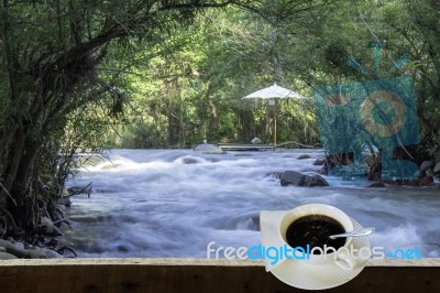 Isolated Hot Coffee Put A Glass Of White With A Casual Break From Work  Background Waterfall With Clipping Path Stock Photo