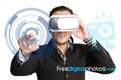 Isolated Man Put On Vr With Interface Stock Photo