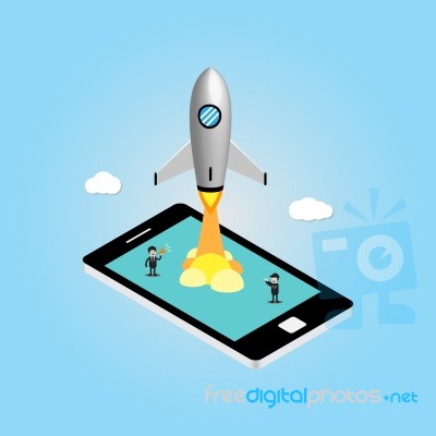 Isometric Technology Rocket Mobile Phone With Business Man Start… Stock Image