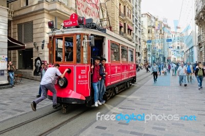 Istanbul, Turkey - May 25 : Vintage Tram In Istanbul Turkey On May 25, 2018. Unidentified People Stock Photo