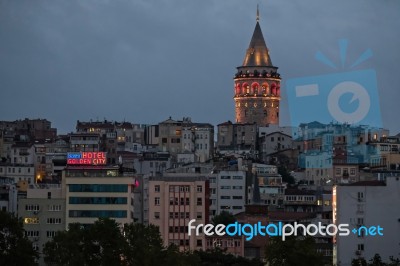 Istanbul, Turkey - May 29 : Night-time View Of The Galata Tower In Istanbul On May 29, 2018 Stock Photo