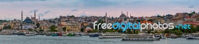 Istanbul, Turkey - May 29 : View Of Buildings And Boats Along The Bosphorus In Istanbul Turkey On May 29, 2018 Stock Photo