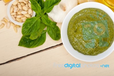 Italian Basil Pesto Sauce Ingredients Stock Photo