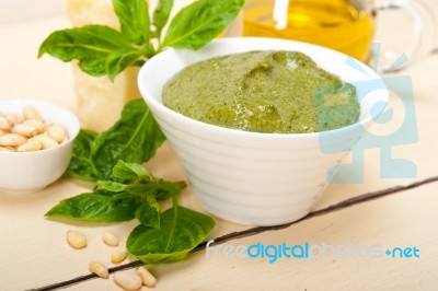 Italian Basil Pesto Sauce Ingredients Stock Photo