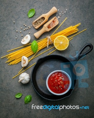 Italian Food And Menu Concept. Spaghetti With Ingredients Sweet Stock Photo