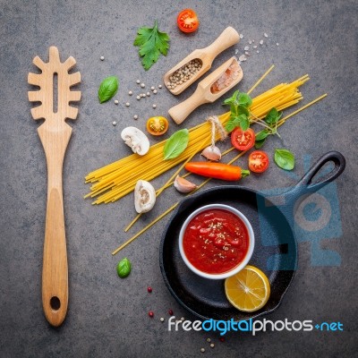 Italian Food And Menu Concept. Spaghetti With Ingredients Sweet Stock Photo