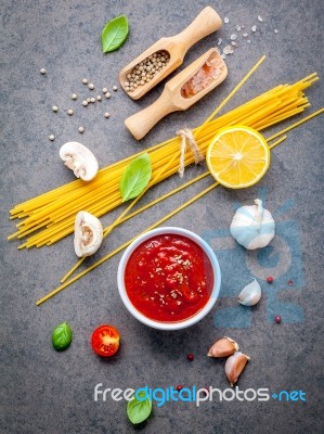 Italian Food And Menu Concept. Spaghetti With Ingredients Sweet Stock Photo