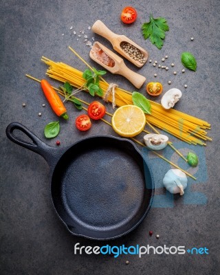 Italian Food And Menu Concept. Spaghetti With Ingredients Sweet Stock Photo