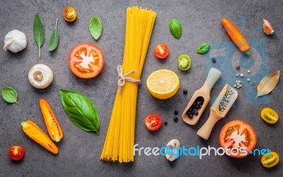 Italian Food And Menu Concept. Spaghetti With Ingredients Sweet Stock Photo