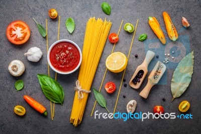 Italian Food And Menu Concept. Spaghetti With Ingredients Sweet Stock Photo