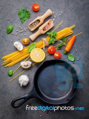 Italian Food And Menu Concept. Spaghetti With Ingredients Sweet Stock Photo