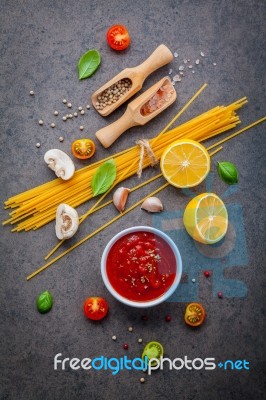 Italian Food And Menu Concept. Spaghetti With Ingredients Sweet Stock Photo