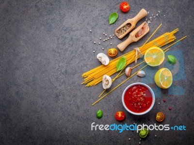 Italian Food And Menu Concept. Spaghetti With Ingredients Sweet Stock Photo