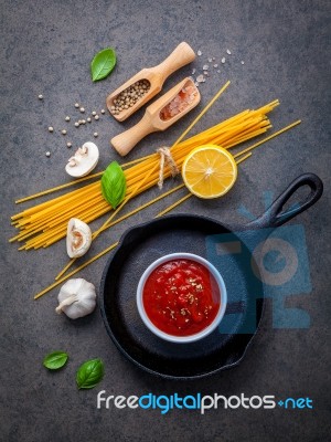 Italian Food And Menu Concept. Spaghetti With Ingredients Sweet Stock Photo