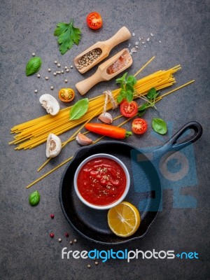 Italian Food And Menu Concept. Spaghetti With Ingredients Sweet Stock Photo