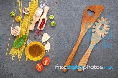 Italian Food Concept. Spaghetti With Ingredients Sweet Basil ,to… Stock Photo