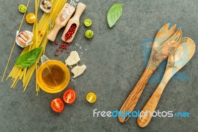 Italian Food Concept. Spaghetti With Ingredients Sweet Basil ,to… Stock Photo