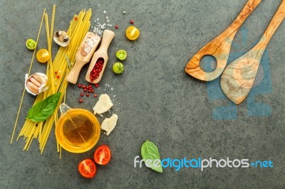 Italian Food Concept. Spaghetti With Ingredients Sweet Basil ,to… Stock Photo