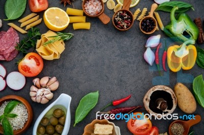 Italian Food Cooking Ingredients Basil, Parmesan Cheese ,garlic,… Stock Photo