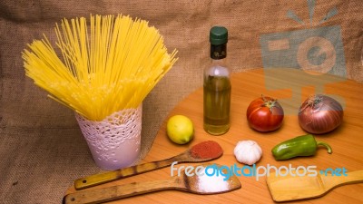 Italian Food Cooking Ingredients. Pasta, Vegetables, Spices Stock Photo