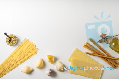 Italian Food Still Life On The White Background Top View Stock Photo