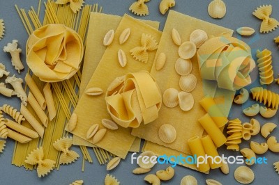 Italian Foods Concept And Menu Design. Assorted Types Of Pasta Stock Photo