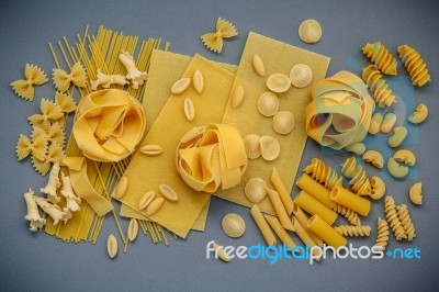 Italian Foods Concept And Menu Design. Assorted Types Of Pasta Stock Photo