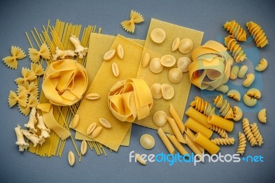 Italian Foods Concept And Menu Design. Assorted Types Of Pasta Stock Photo