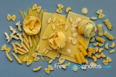 Italian Foods Concept And Menu Design. Assorted Types Of Pasta Stock Photo