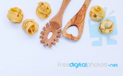 Italian Foods Concept And Menu Design. Dried Homemade Fettuccine… Stock Photo