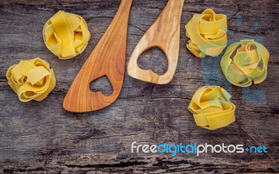 Italian Foods Concept And Menu Design. Dried Homemade Fettuccine… Stock Photo