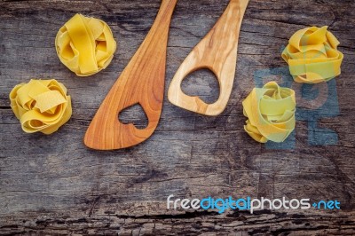 Italian Foods Concept And Menu Design. Dried Homemade Fettuccine… Stock Photo