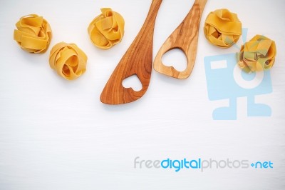 Italian Foods Concept And Menu Design. Dried Homemade Fettuccine… Stock Photo