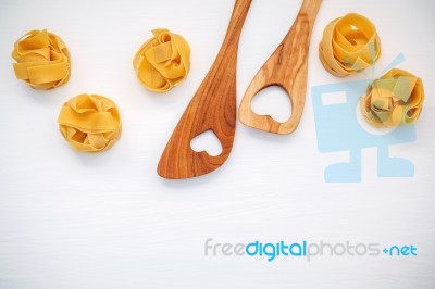 Italian Foods Concept And Menu Design. Dried Homemade Fettuccine… Stock Photo